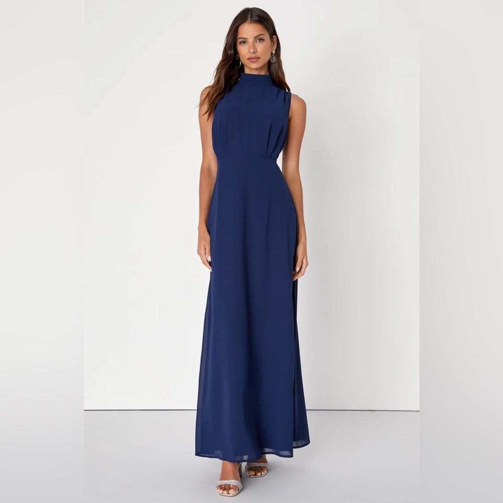 Lulus Classic Elegance Navy Chiffon Sleeveless Mock Neck Maxi Dress